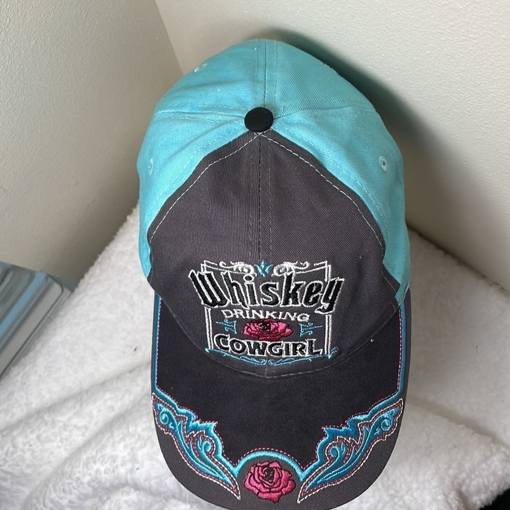 WHISKEY Drinking Cowgirl Embroidered Five Panel Velcro Back Hat - Picture 7 of 9